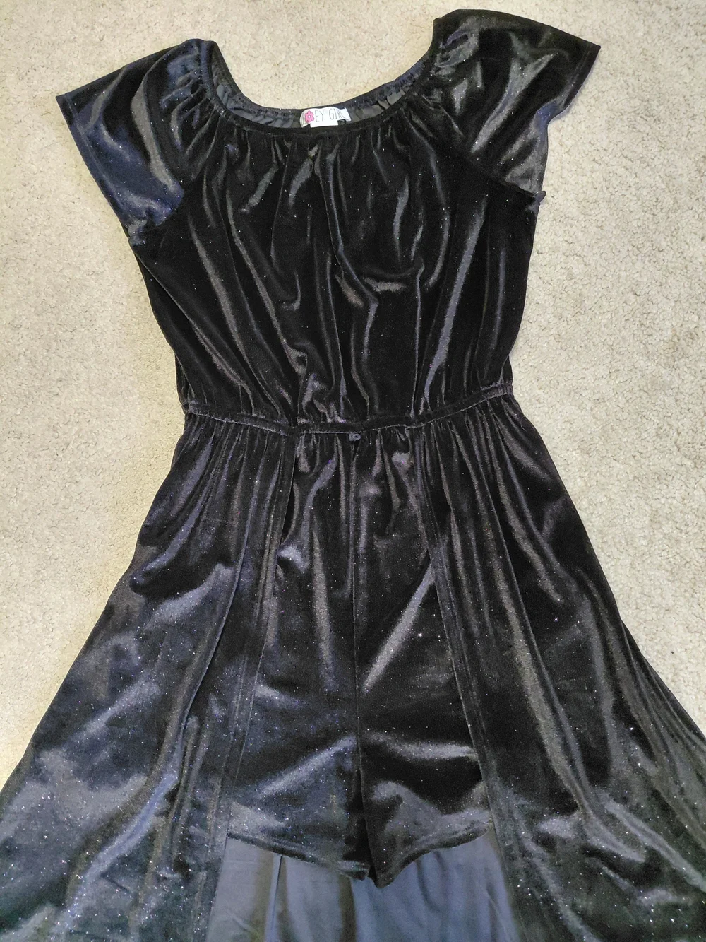 Girls' Black Velvet Sparkle High-Low Casual Romper Dress with Elastic Waist NWT